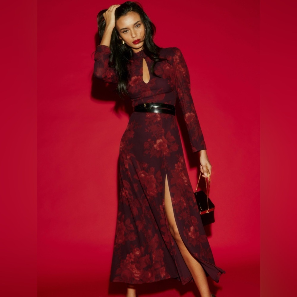 Reformation Castalia Sanguine Red Floral Print Long Sleeve Side Slit Dress